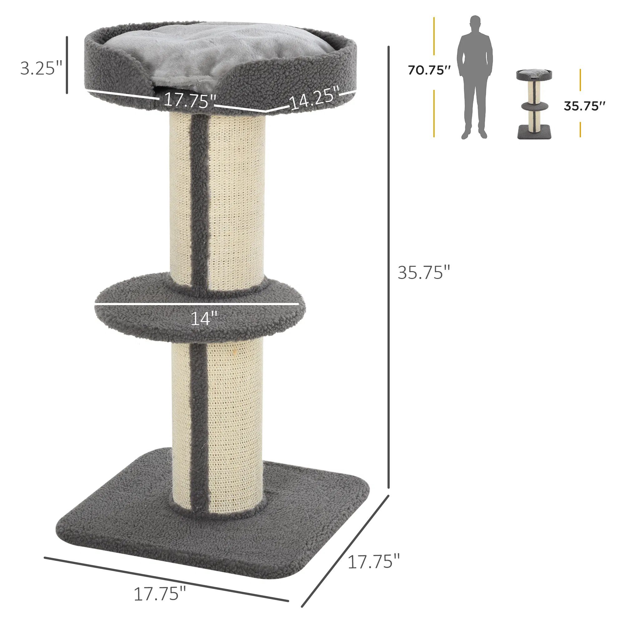 Cat Tree Kitty Tower with Sisal Mat Scratching Post, Cat Bed, Cushion, Perch, 18" x 18" x 36", Grey - Image 2