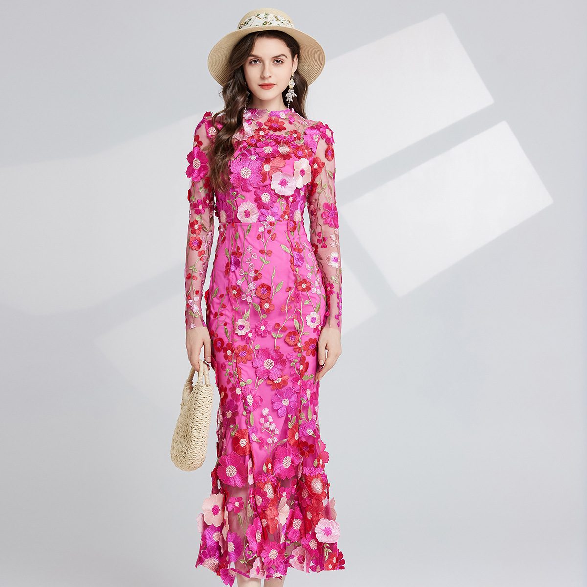 Dress Elegant Embroidered 3D Flower Design, Defined Waistline Long Sleeves - Image 2