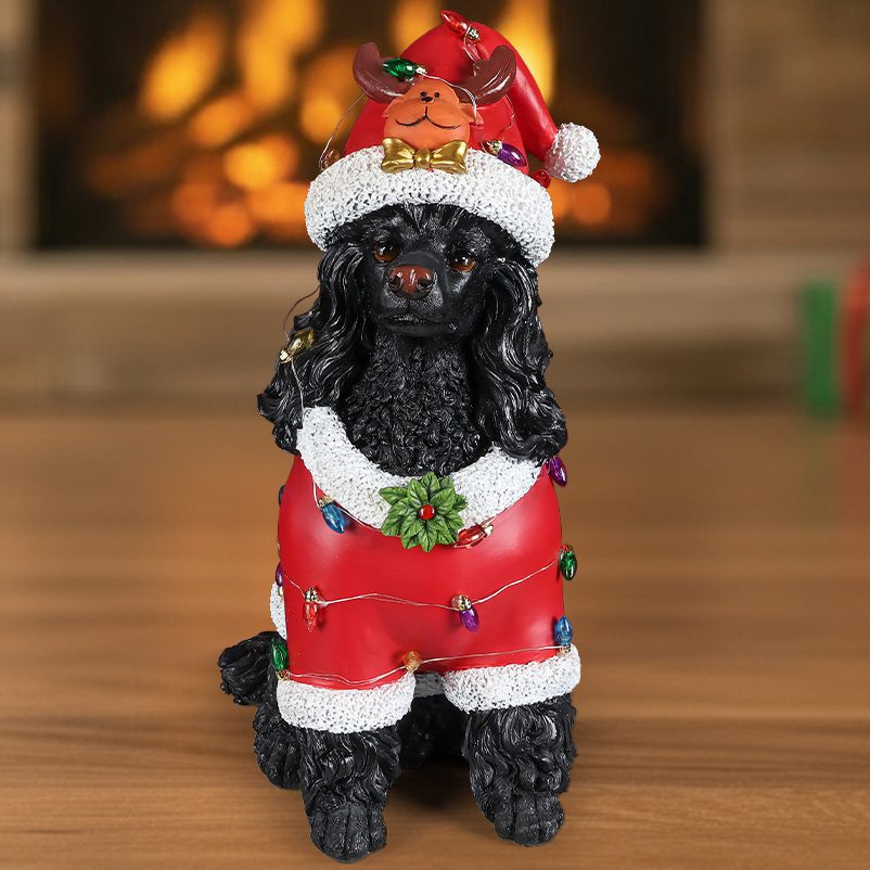 Christmas Black Poodle Statue, Holiday Dog Figurine in Red Santa Outfit - Image 2