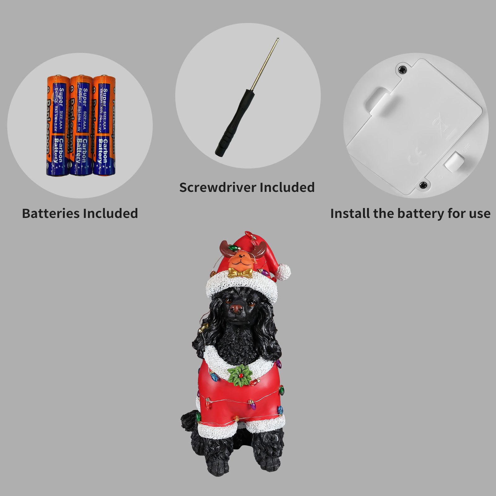 Christmas Black Poodle Statue, Holiday Dog Figurine in Red Santa Outfit - Image 5