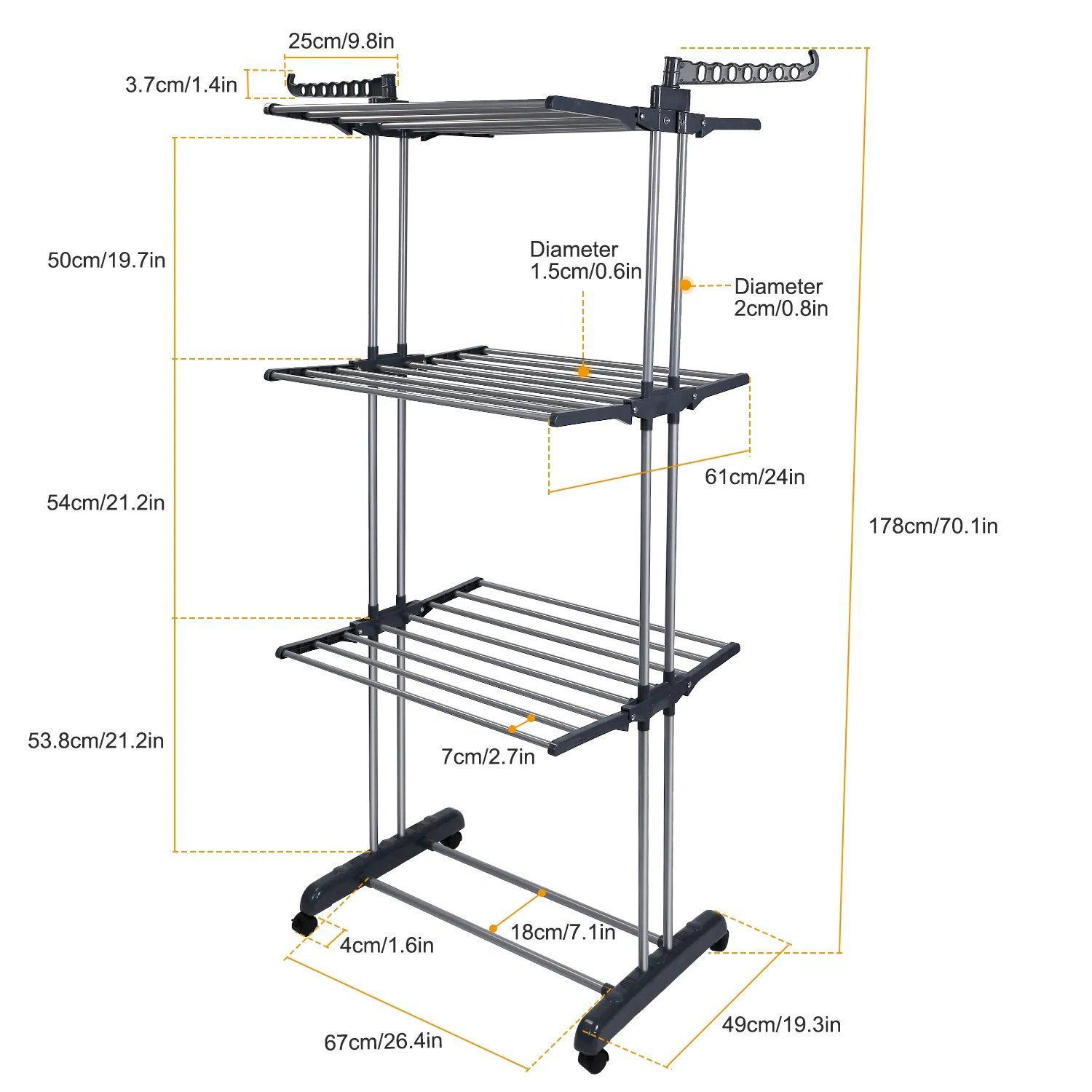 Clothes Drying Rack Rolling Collapsible Laundry Dryer Hanger Stand Rail Shelve Wardrobe Clothing Drying Racks w/ Dual Side Wings - Image 6