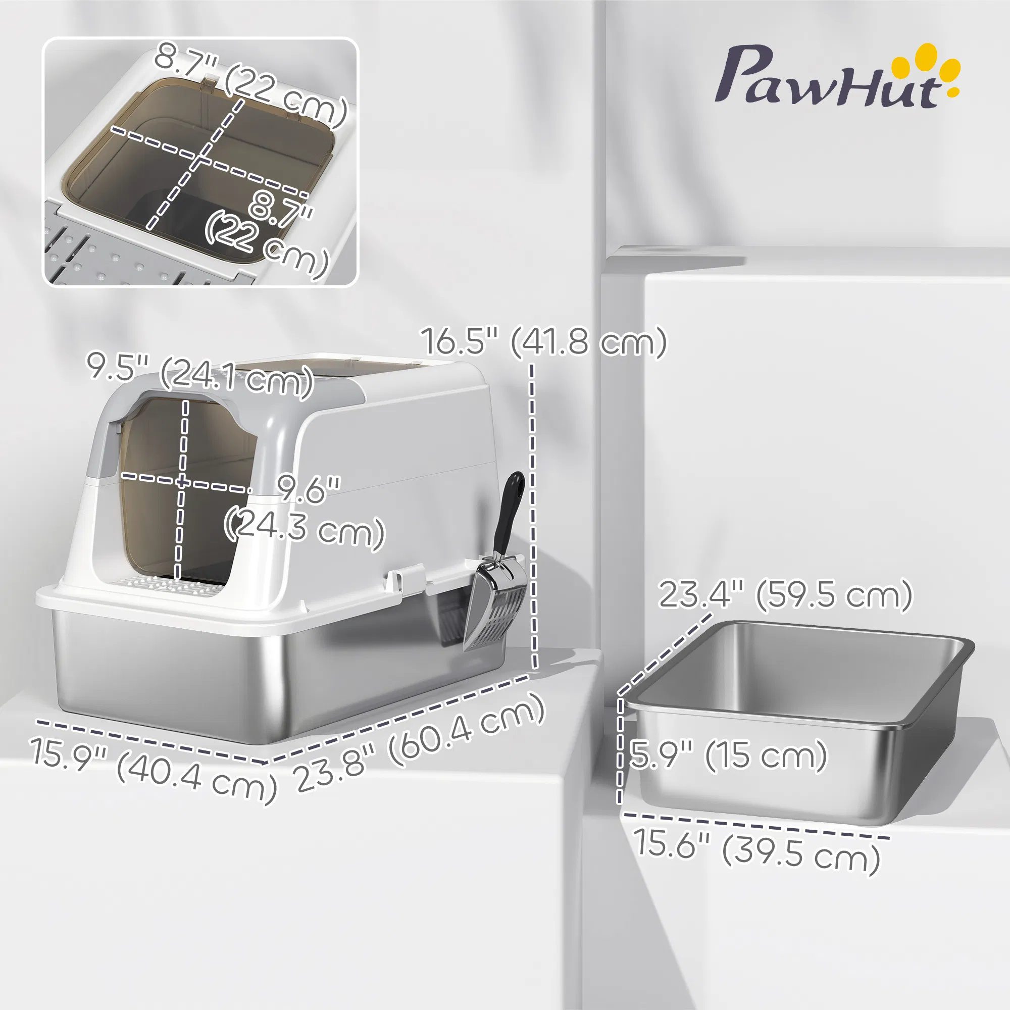Extra Large Stainless Steel Litter Box, Enclosed Kitty Litter Box for Big Cats with Scoop, Deodorizer Bag - Image 2