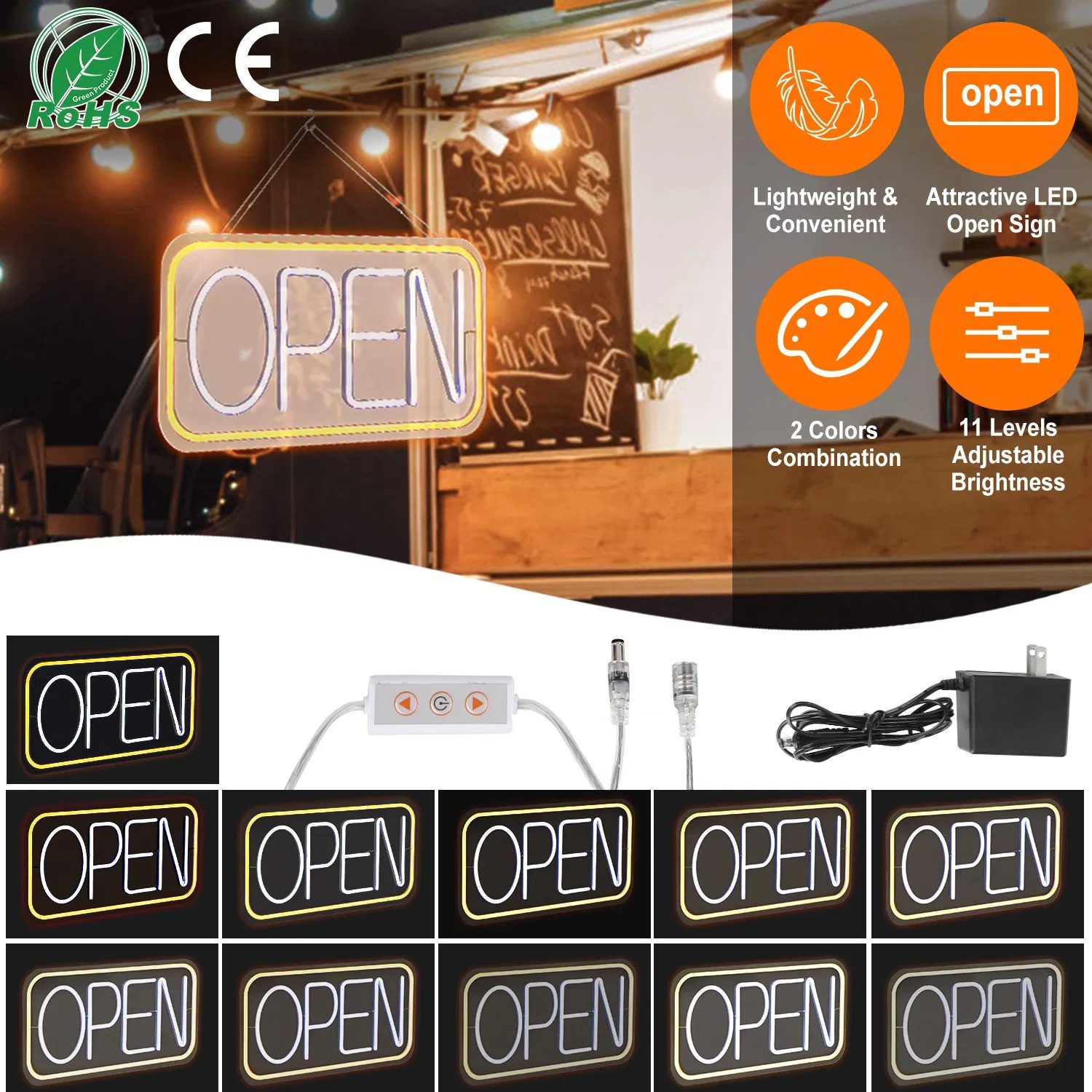LED Open Sign 16.5x9.1in Business Neon Open Sign Advertisement Board with 11 Levels Adjustable Brightness - Image 2