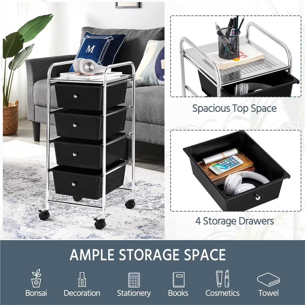 4 Drawers Metal Frame Storage Cart Rolling Bin Trolley, Black - Image 4