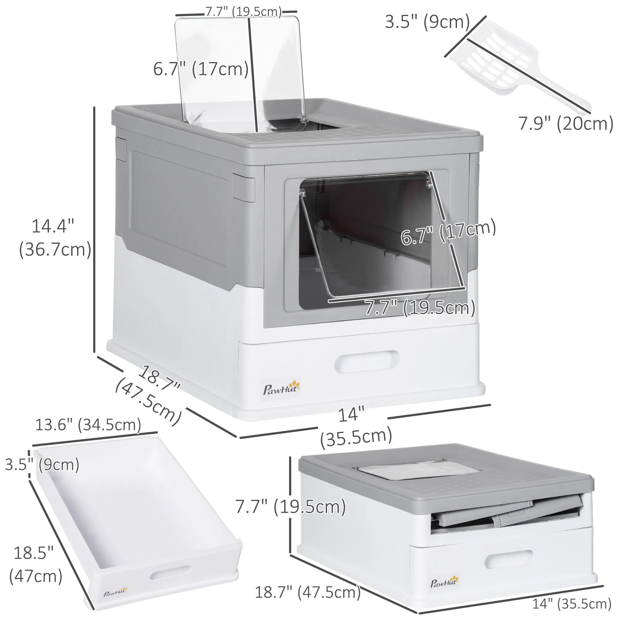 Top Entry Enclosed Kitty Litter Box with Scoop, Tray, Front Entry, Large Space, Foldable, Portable, Grey - Image 2