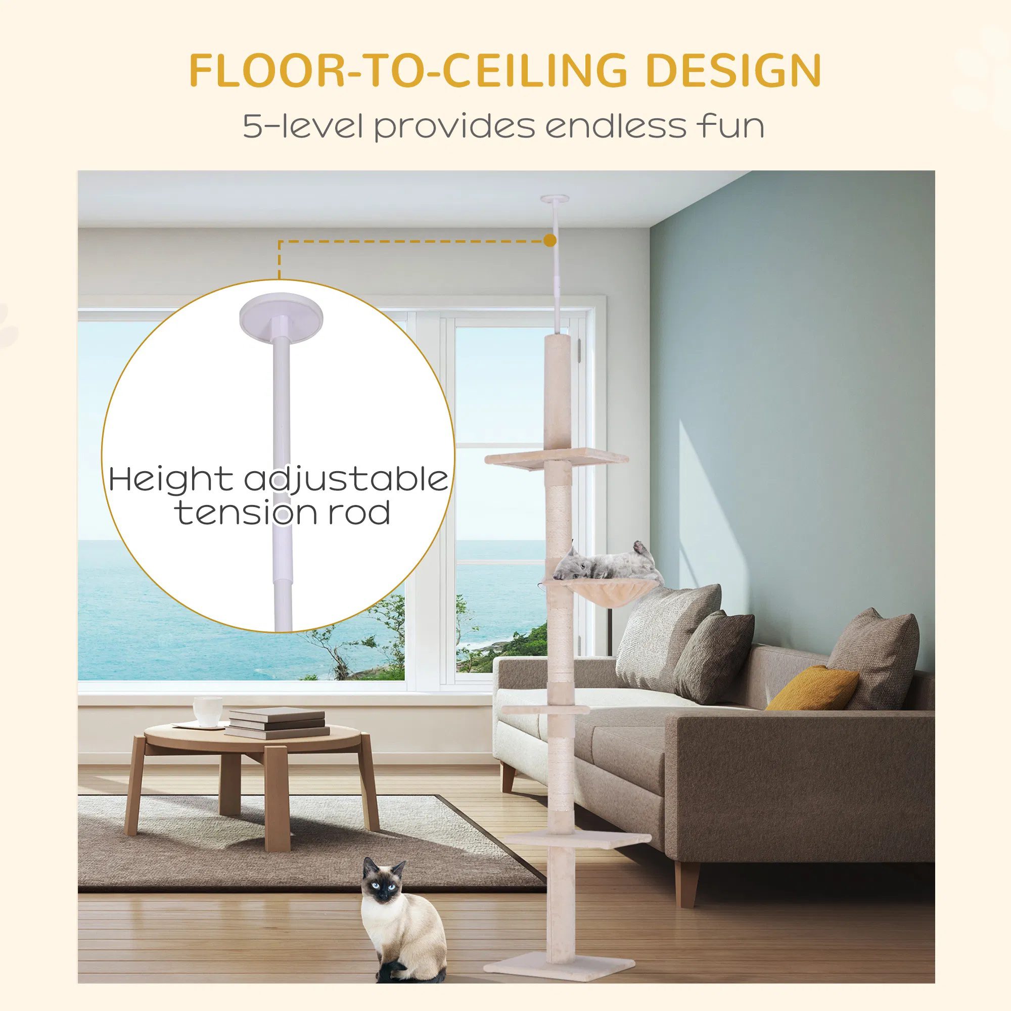 8.5ft Cat Climbing Tree 5-Tier Kitty Activity Center with Scratching Post Beige - Image 4