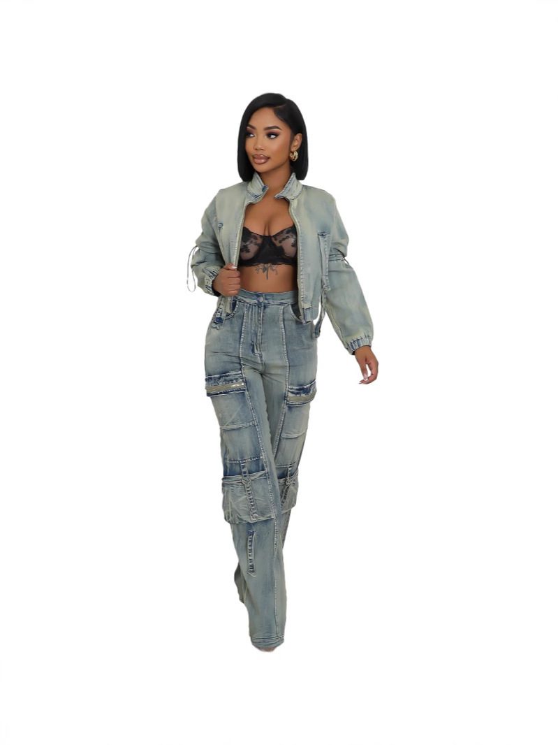 Fashionable And Sexy Washed Denim Jacket And Pants Set - Image 5