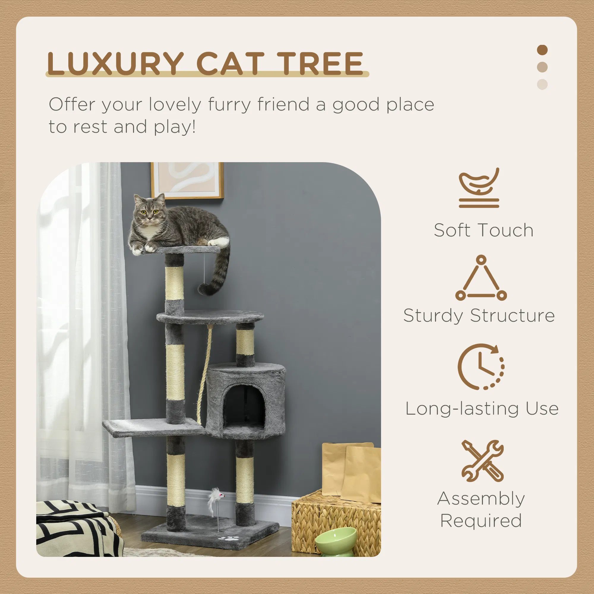 46Inch Scratching Cat Tree, Multi Level Cat Tower for Large Cats Adult with Toys and Condo, Grey - Image 3
