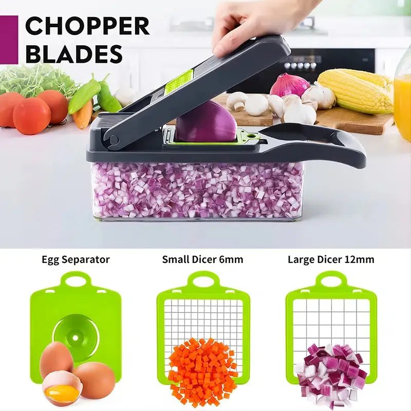 Vegetable Chopper Dicer with Container | Cheese Grater Mandoline Slicer Cabbage Shredder French Fry Cutter Stainless Steel for Veggie Onion Potato Fruit Food, Manual Hand Cooking Gadget for Kitchen - Image 2
