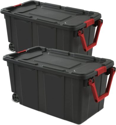40 Gallon Durable Plastic Storage Tote With Latching Lid And Pull Handle, Black, 2 Pack  Shipment From Walmart