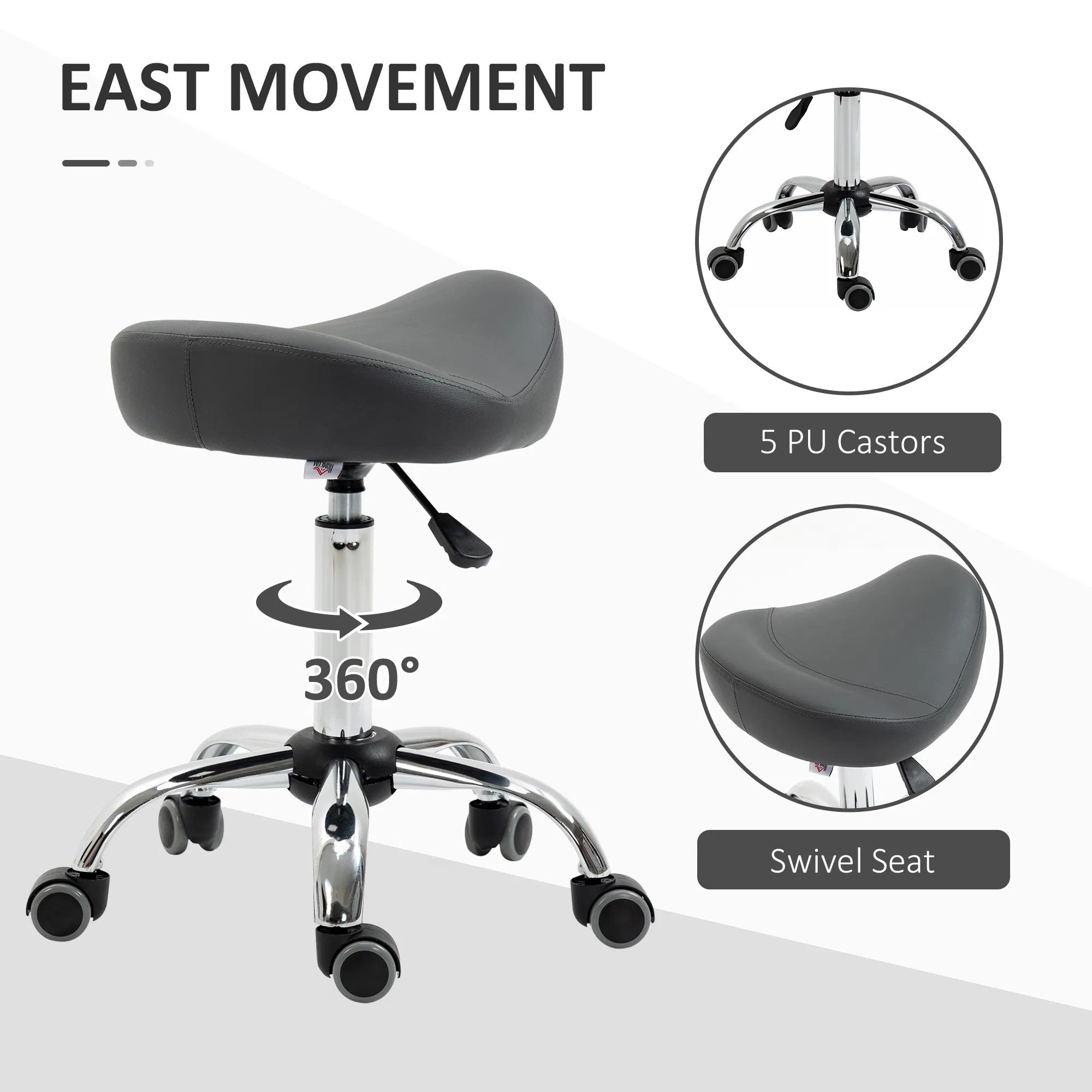 Saddle Stool, Height Adjustable Rolling Salon Chair with PU Leather for Massage, Spa, Clinic, Beauty and Tattoo, Grey - Image 5