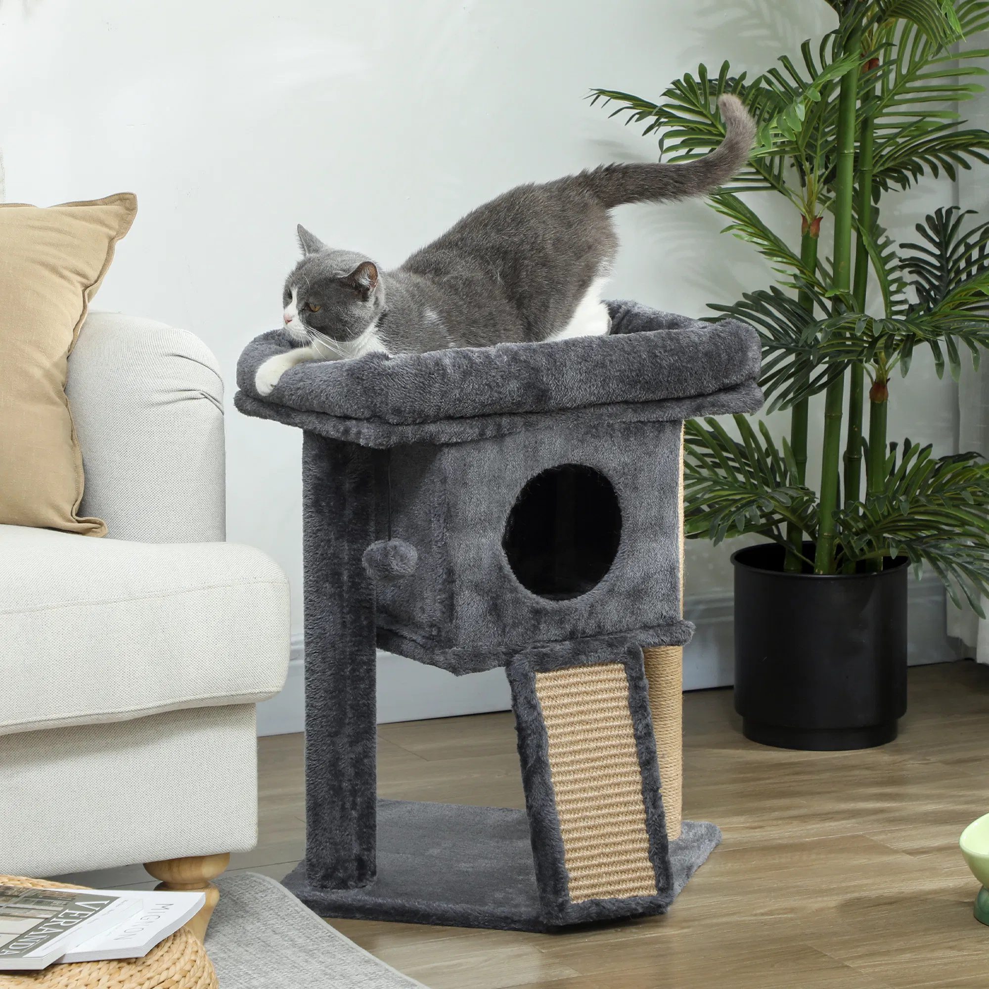 Cat Tree, Small Cat Tower with Perch, Scratching Post, Cat Condo, Toy Ball for Kitty, Indoor Use, Dark Grey - Image 6