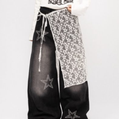 American Retro Hot Girl Lace Patchwork Jeans For Women