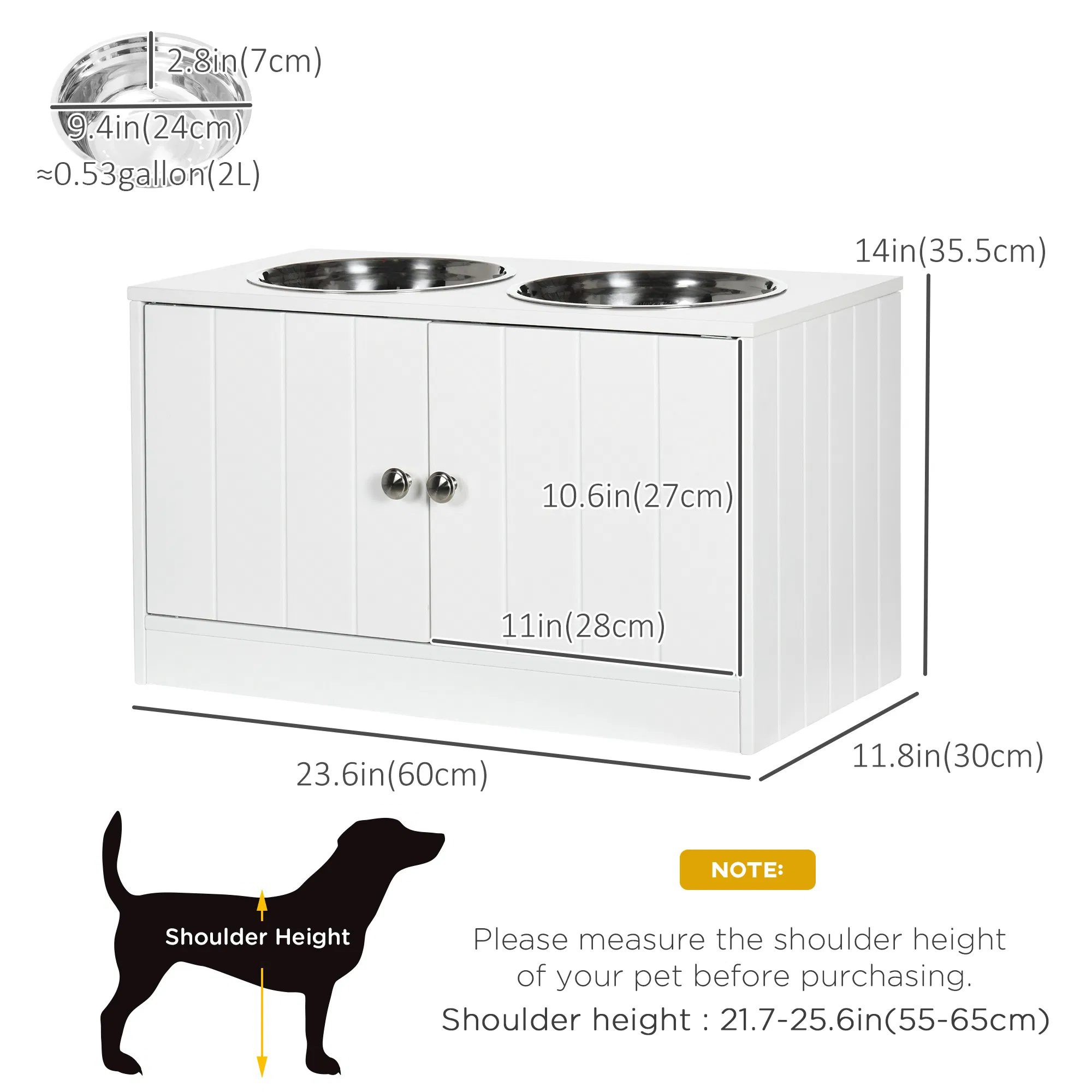 Elevated Dog Bowls for Large Dogs Pet Feeding Station with Stand, Storage, 2 Stainless Steel Food and Water Bowls, White, 23.6" x 11.8" x 14" - Image 2