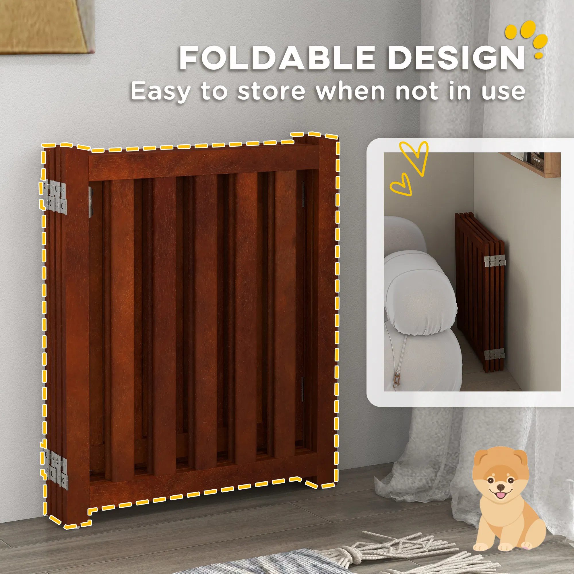 Foldable Dog Gate with Door, 4 Panels Fressstanding Pet Gate, Brown - Image 5