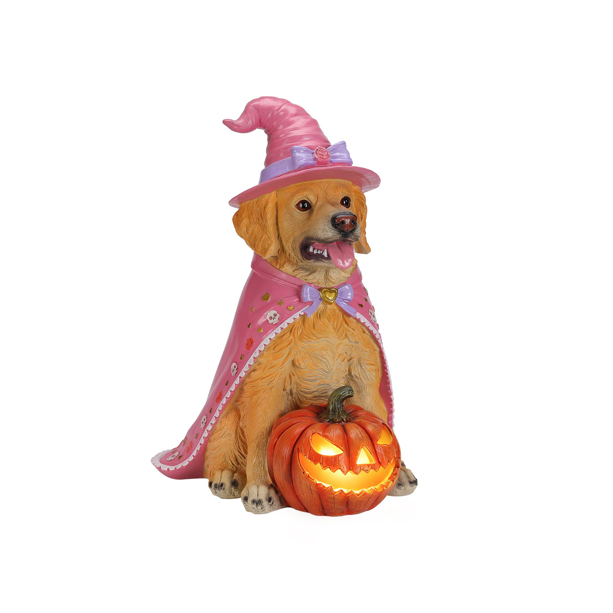 Halloween Golden Retriever Dog Statue, Large Sitting Dog Figurine with Pink Witch Hat & Cape, LED Light Up Jack-O-Lantern Pumpkin - Image 7