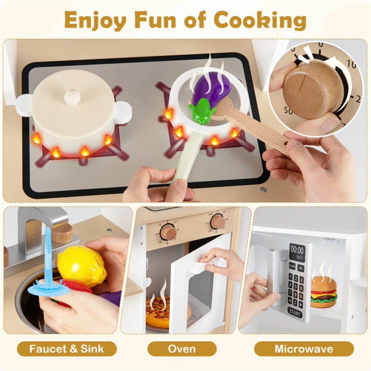 Kids Wooden Play Kitchen with 13 Accessories, Pretend Cooking Set with Chalkboard for 3+, White + Natural - Image 9
