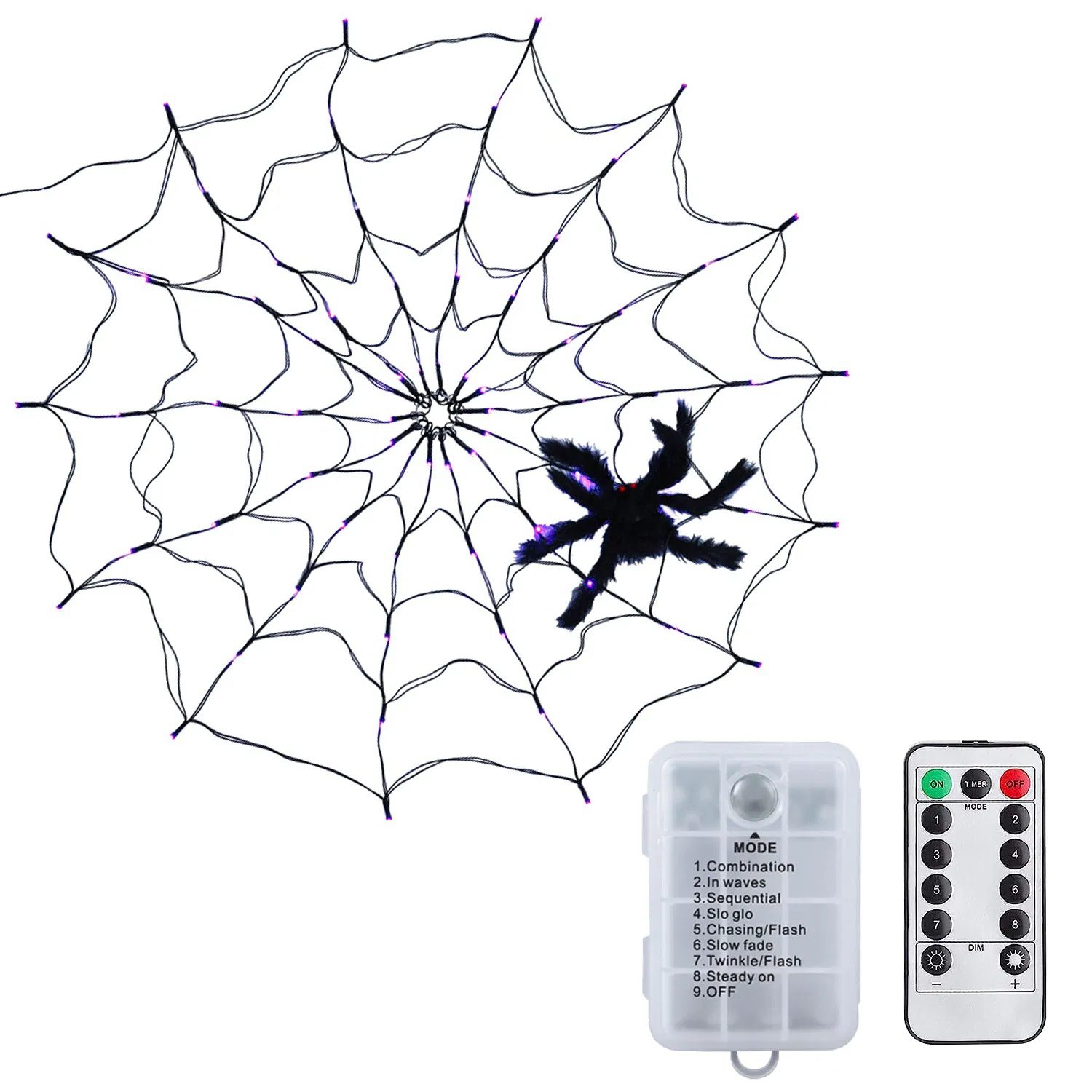 Halloween Spider Web Light - 3.28ft Diameter, 70 LEDs, 8 Modes, 10 Brightness Levels - Battery Powered, IP44 Waterproof with Remote & Timer - Orange/Purple Options - Image 9