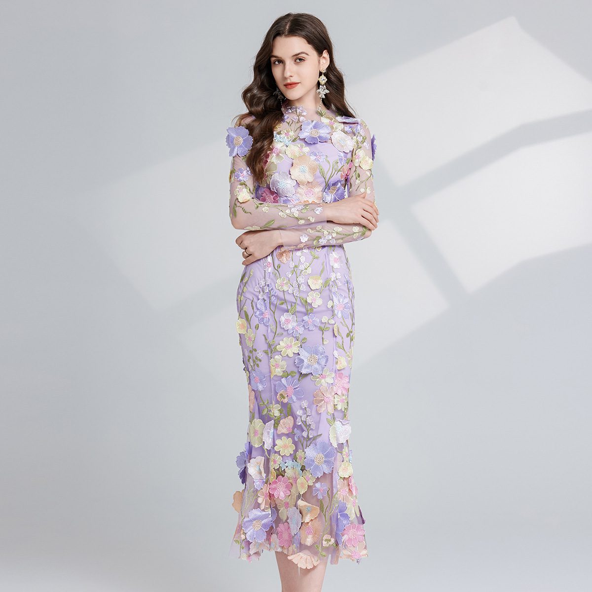 Dress Elegant Embroidered 3D Flower Design, Defined Waistline Long Sleeves - Image 8
