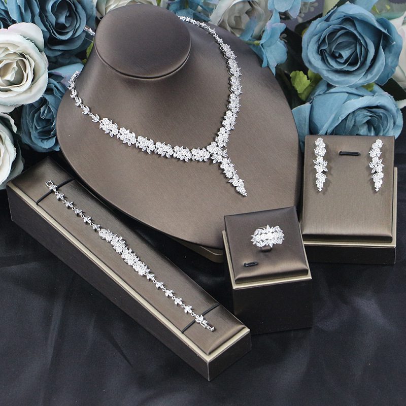 Bridal Wedding Dinner Jewelry Suit Fashion Rose Zircon Necklace Earrings Four-piece Set - Image 6