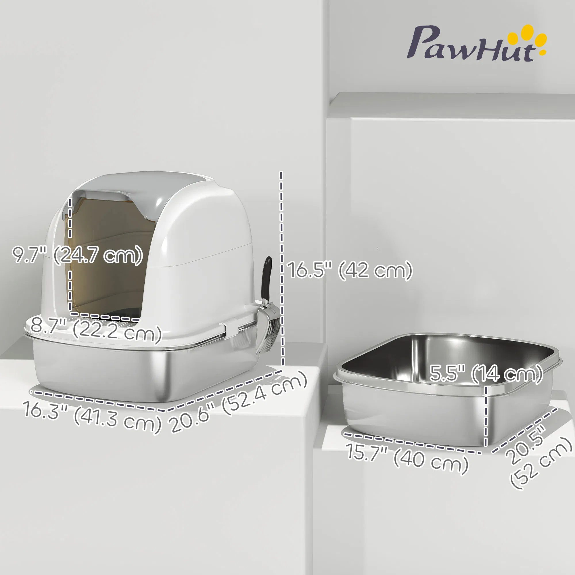 XL Stainless Steel Cat Litter Box with Lid for Big Cats, Enclosed Cat Litter Box with Flip Cover, Scoop - Image 2