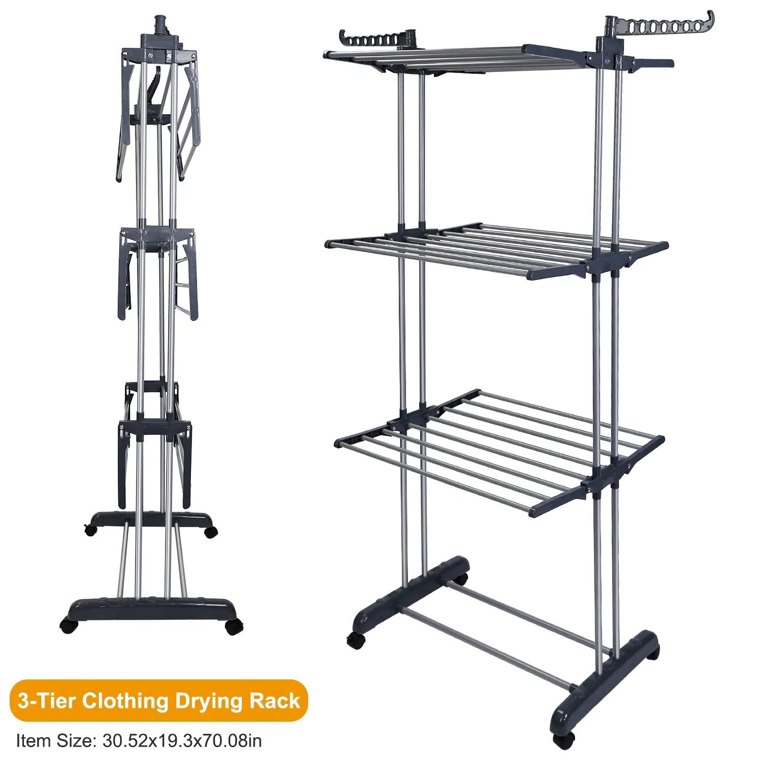 Clothes Drying Rack Rolling Collapsible Laundry Dryer Hanger Stand Rail Shelve Wardrobe Clothing Drying Racks w/ Dual Side Wings - Image 4