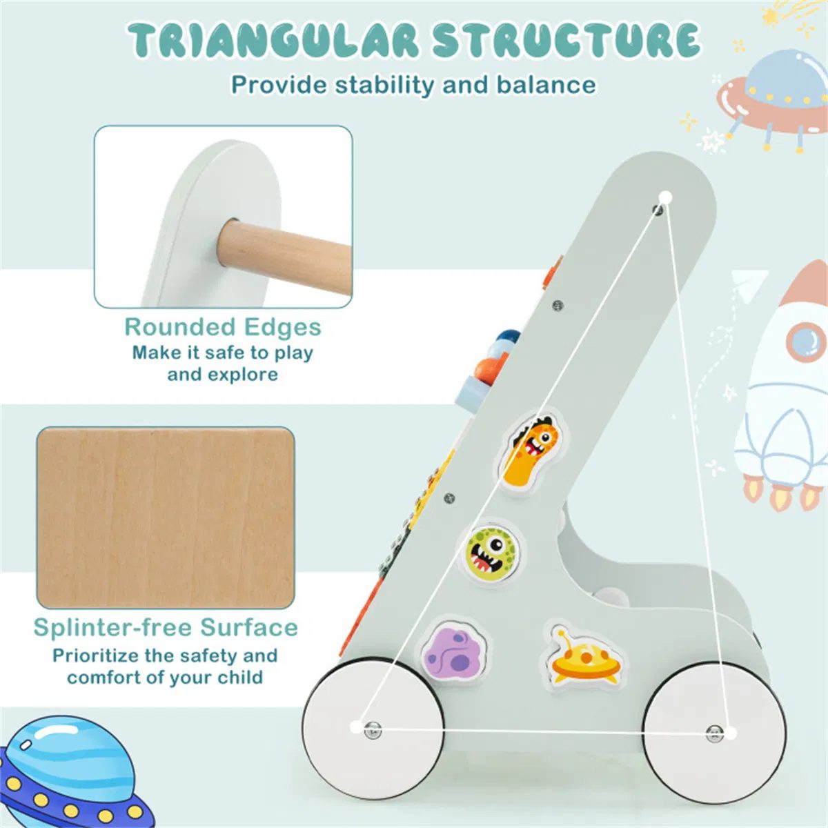 8-in-1 Wooden Baby Walker Push and Pull Learning Activity Center with Wheels for Toddlers 1+ Years Old - Image 5
