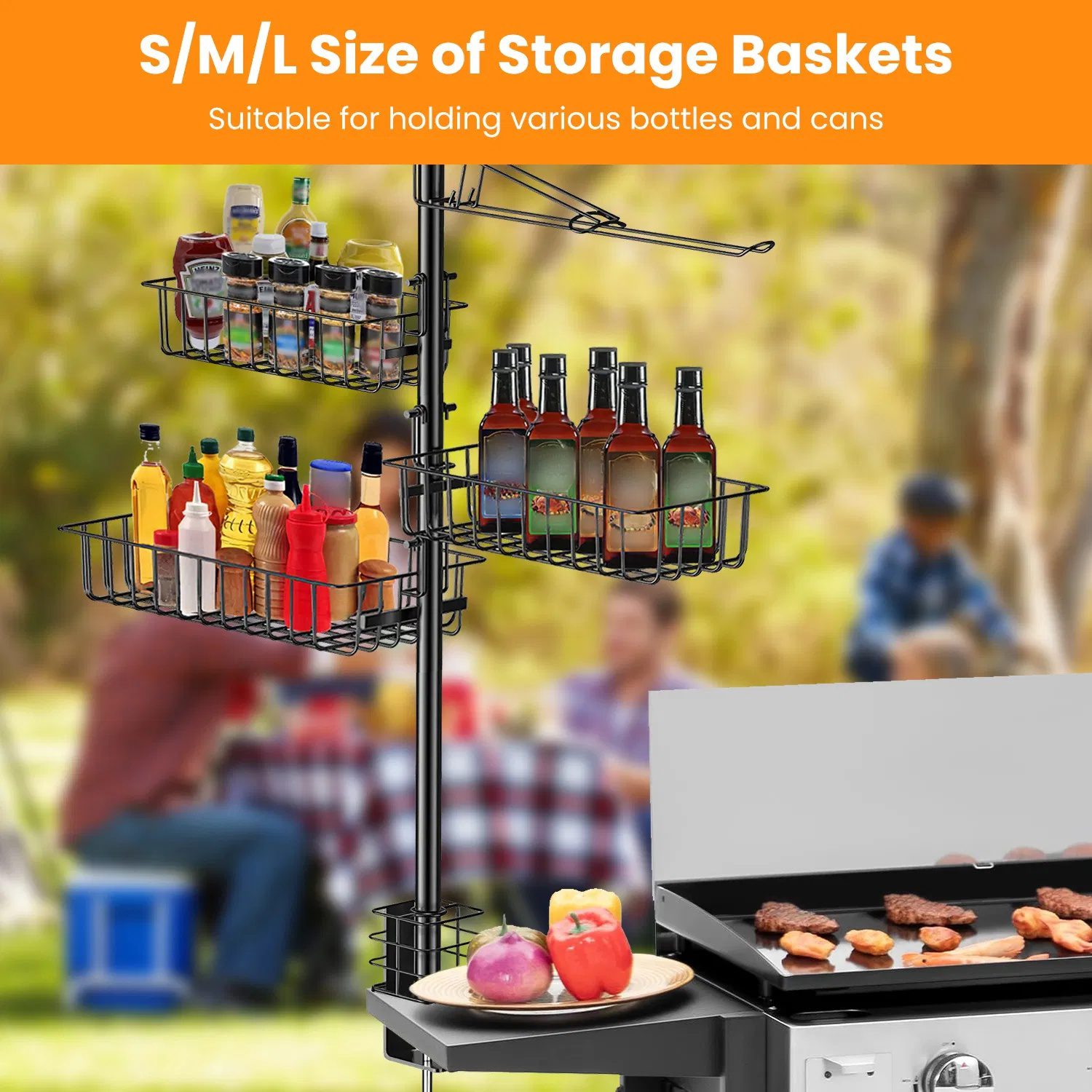 Outdoor BBQ Griddle Caddy Organizer, Multi-Size Storage Baskets & 10 Hanging Hooks, Wind Resistant Paper Towel Holder, Heavy-Duty Rustproof Rack for Camping Picnic - Image 6