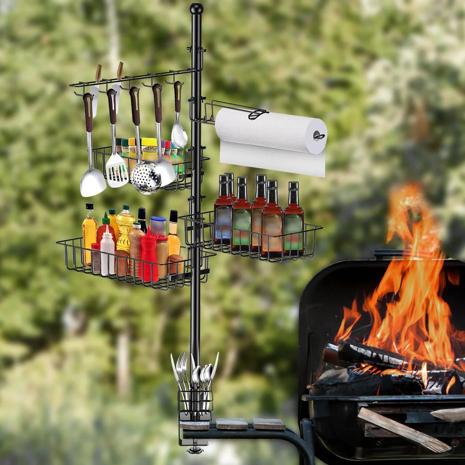 Outdoor BBQ Griddle Caddy Organizer, Multi-Size Storage Baskets & 10 Hanging Hooks, Wind Resistant Paper Towel Holder, Heavy-Duty Rustproof Rack for Camping Picnic - Image 3