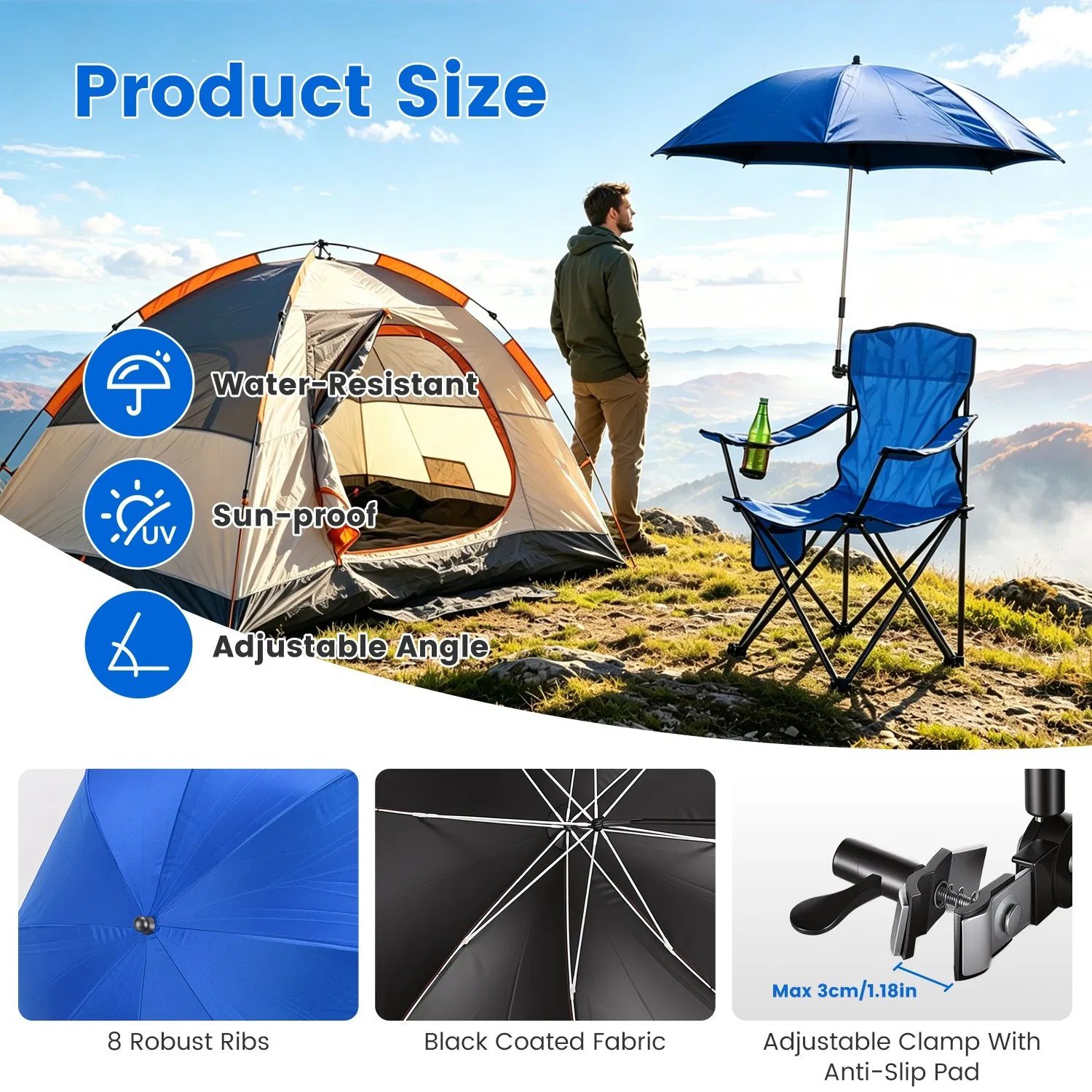 Folding Camping Chair with Detachable 8-Rib Sun Umbrella, 42.13 Inch Canopy Aluminum Alloy Portable Lawn Chair Supports 330LBS with Cup Holder - Image 8