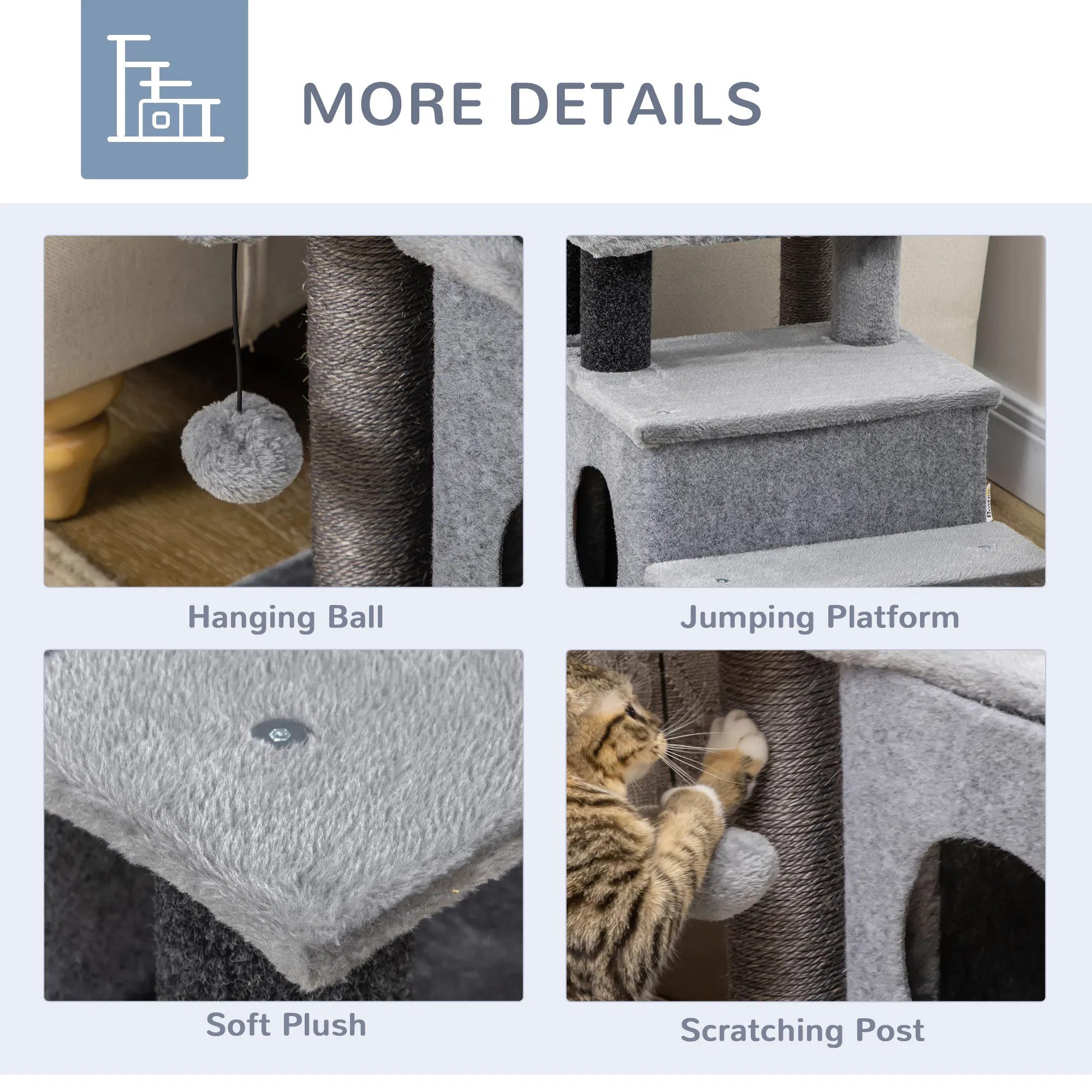 Cat Stairs Pet Steps for Couch Bed with Scratching Posts Condo Ball Toy, 23.6" x 15.7" x 26", Grey - Image 5