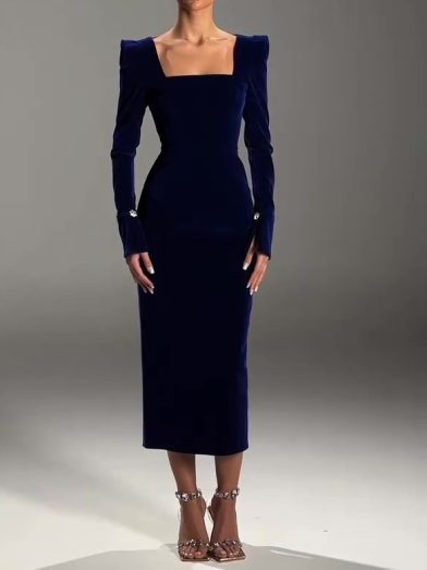Navy Velvet Square Neck Midi Dress