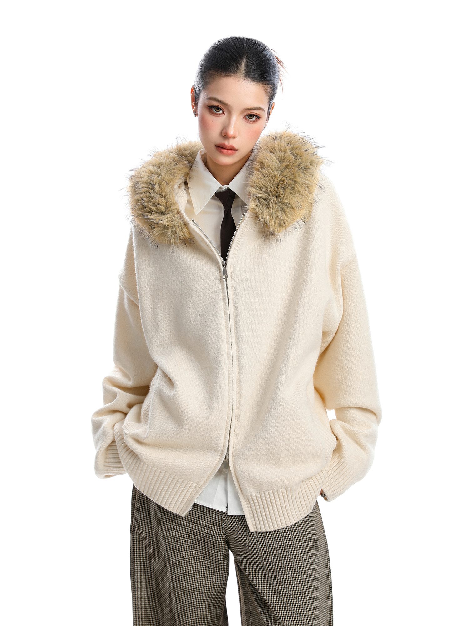 Detachable Fur Collar Hood Sweater Women's Coat - Image 5