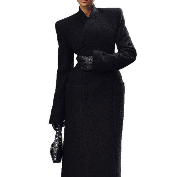 Temperament Shoulder-padded Waist-cinching Long Wool Coat For Women - Image 5