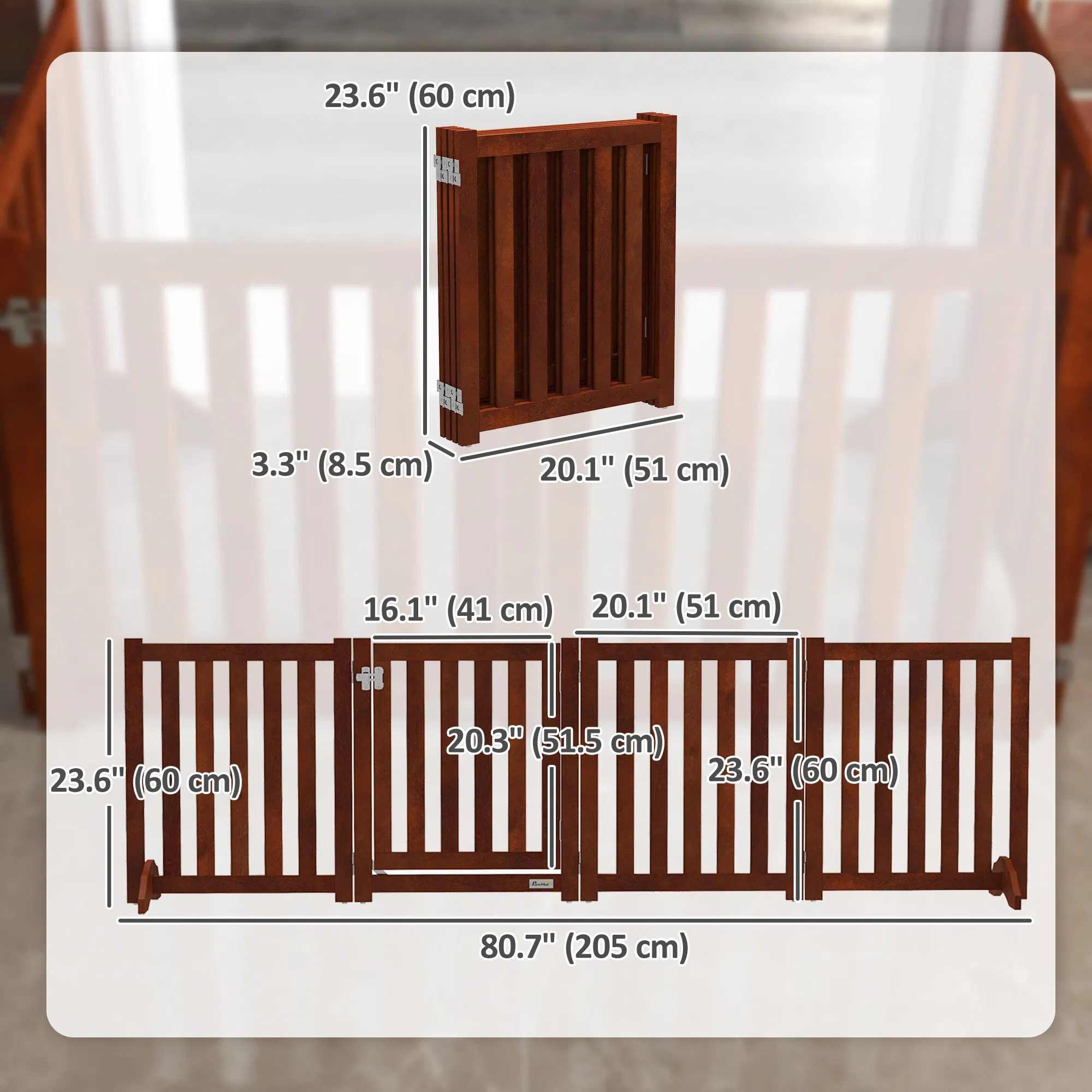 Foldable Dog Gate with Door, 4 Panels Fressstanding Pet Gate, Brown - Image 2