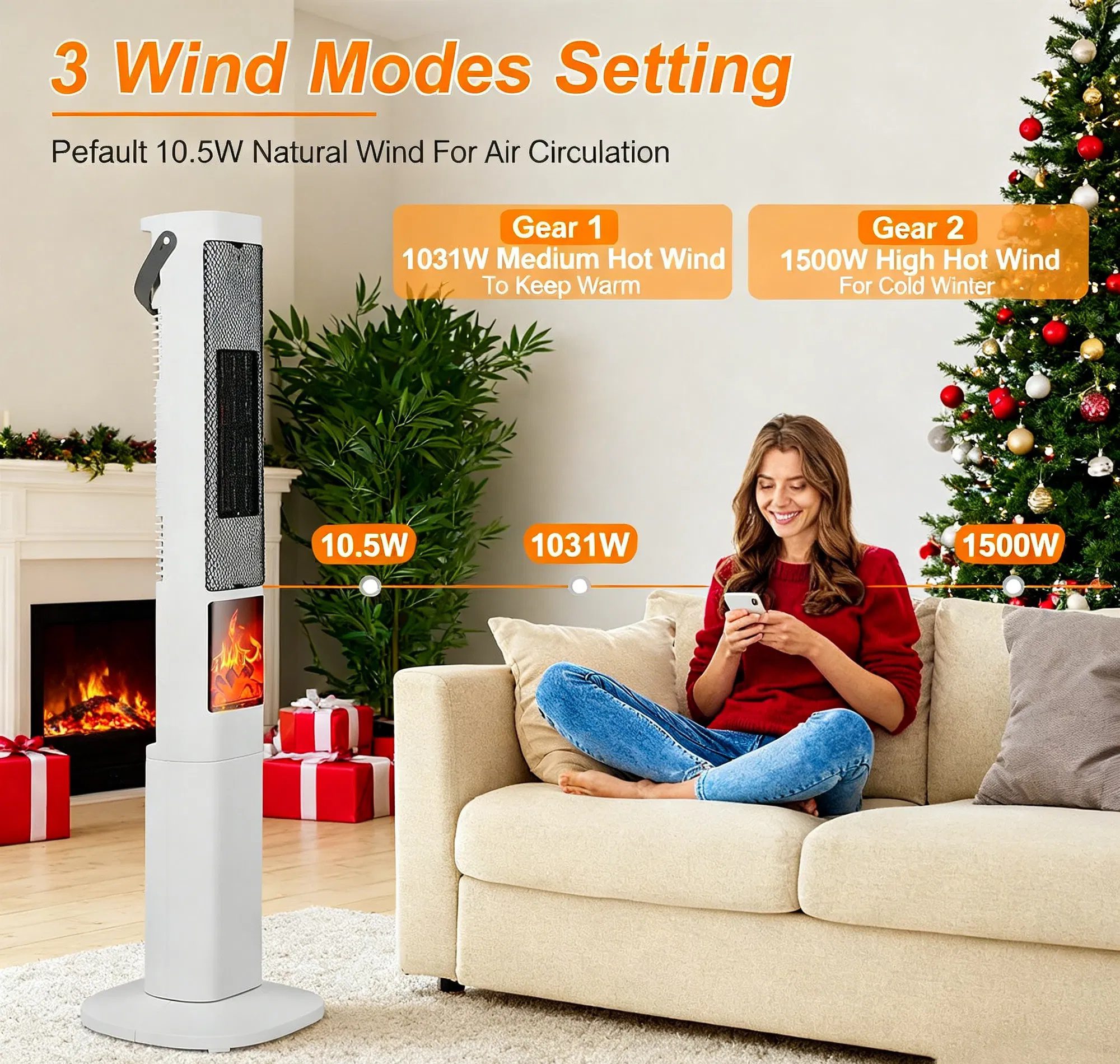 3-in-1 Quiet Space Heater - 120° Wide Coverage, 3D Fireplace Effect, Timer & Remote, Portable Indoor Heater with Multiple Protections - Image 2
