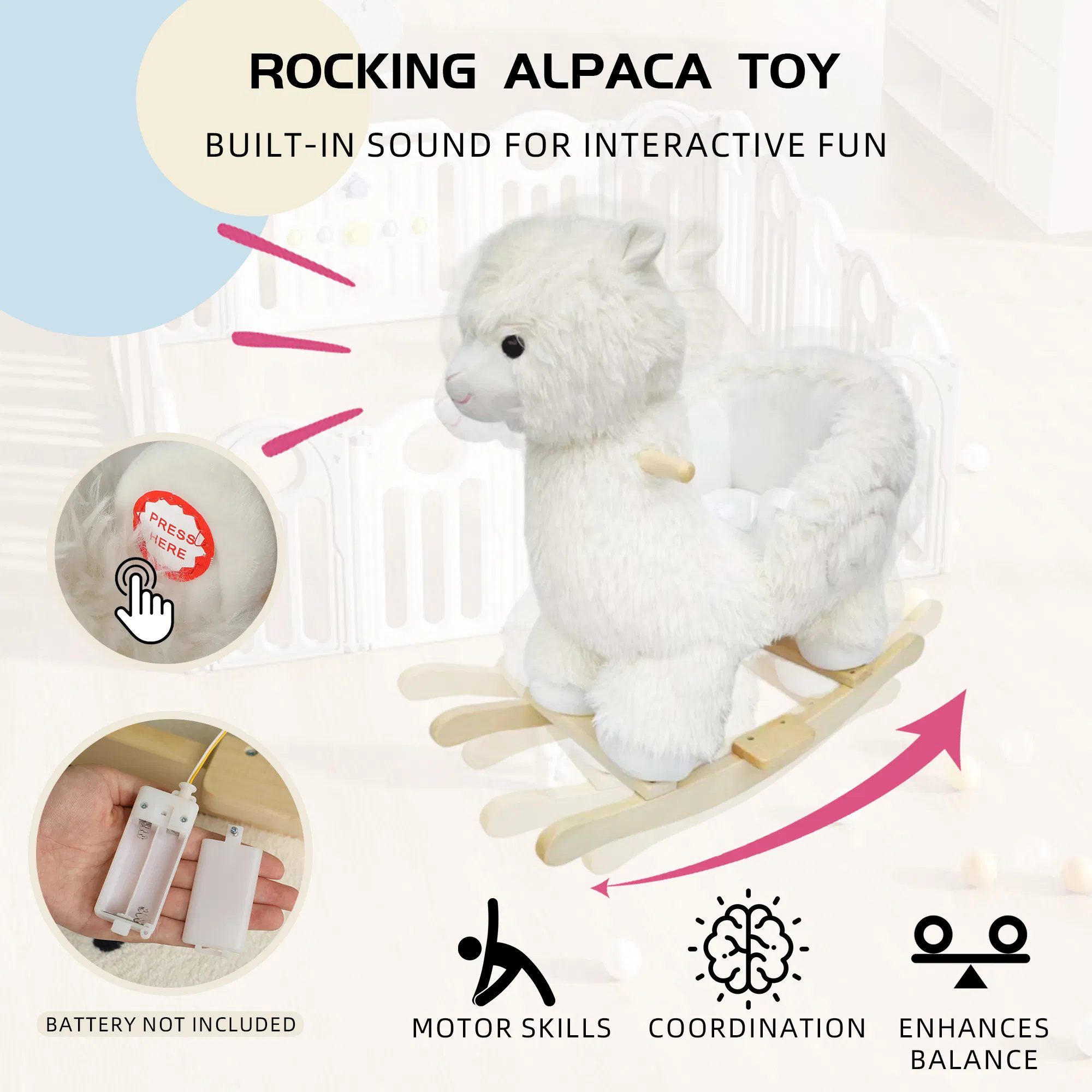 Kids Ride-On Rocking Horse Toy with Lullaby Song,Alpaca Rocking Toy with Hand Puppets and Safety Belt For Children 1-3 Years,Soft Plush Fabric,White - Image 6