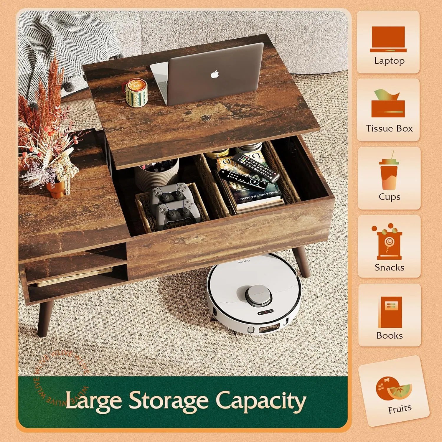 Elevating Coffee Table And Coffee Table with Hidden Compartments on The Tabletop, Dining Table with Open Compartments, Suitable for Living Rooms, Offices, And Apartments - Image 6