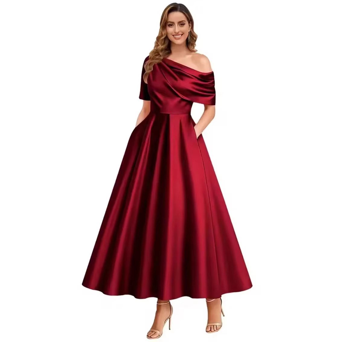 New Elegant And Sophisticated Satin Off-Shoulder Solid Color Dress - Image 5