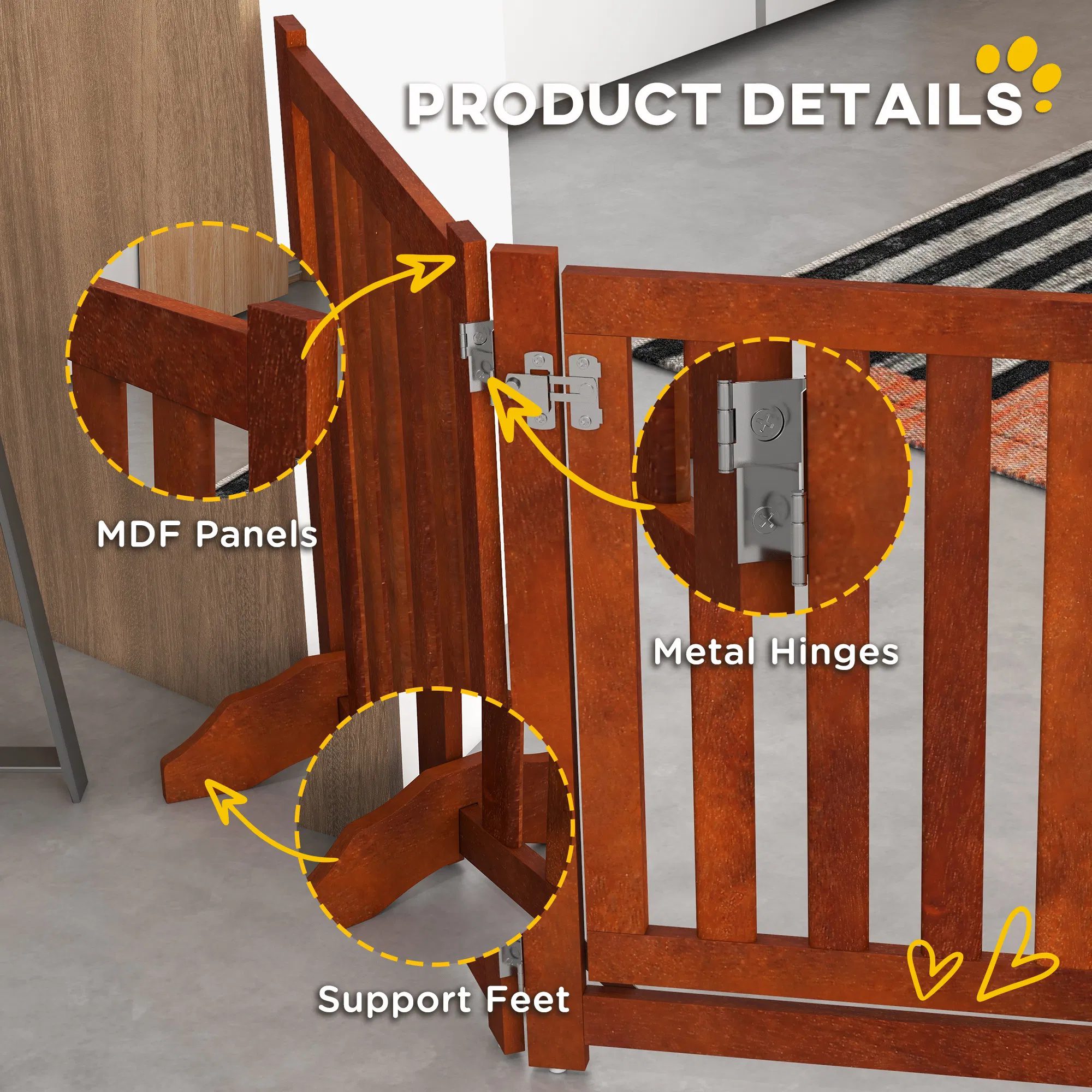 Foldable Dog Gate with Door, 4 Panels Fressstanding Pet Gate, Brown - Image 6