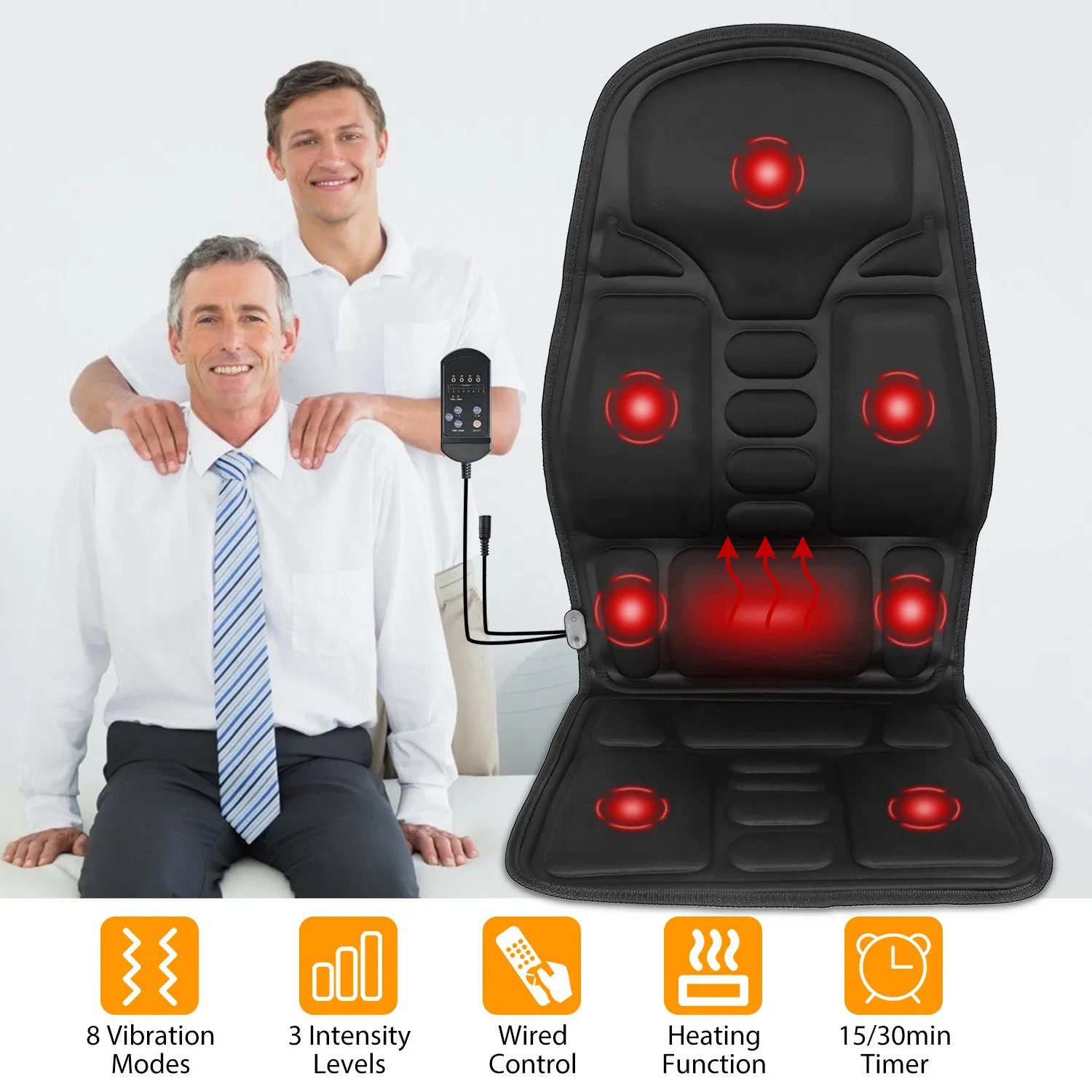Back Massager Cushion Electric Massage Car Seat Cushion Chair Pad w/ Heating Function 8 Vibration Modes 3 Intensity Levels - Image 2