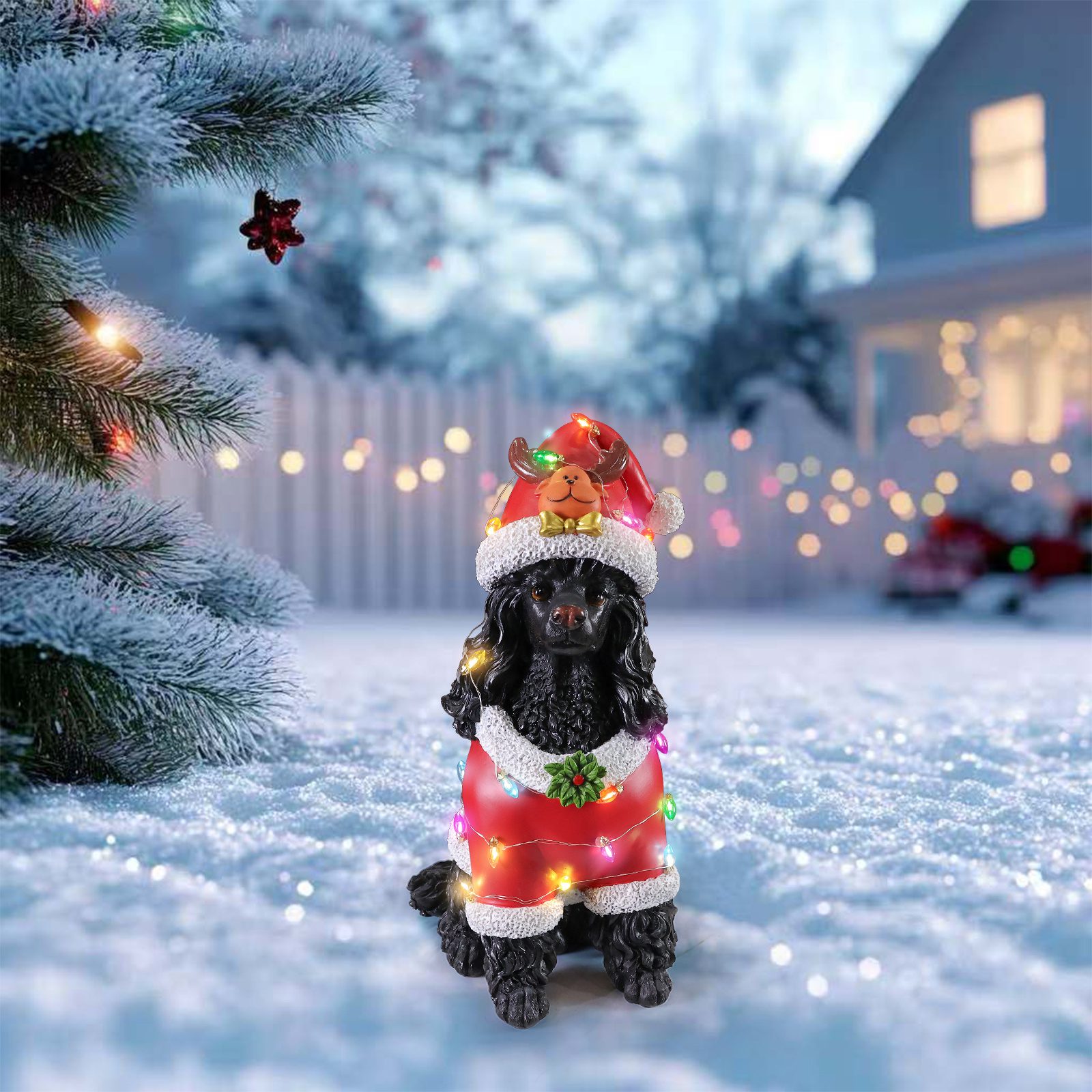 Christmas Black Poodle Statue, Holiday Dog Figurine in Red Santa Outfit - Image 8