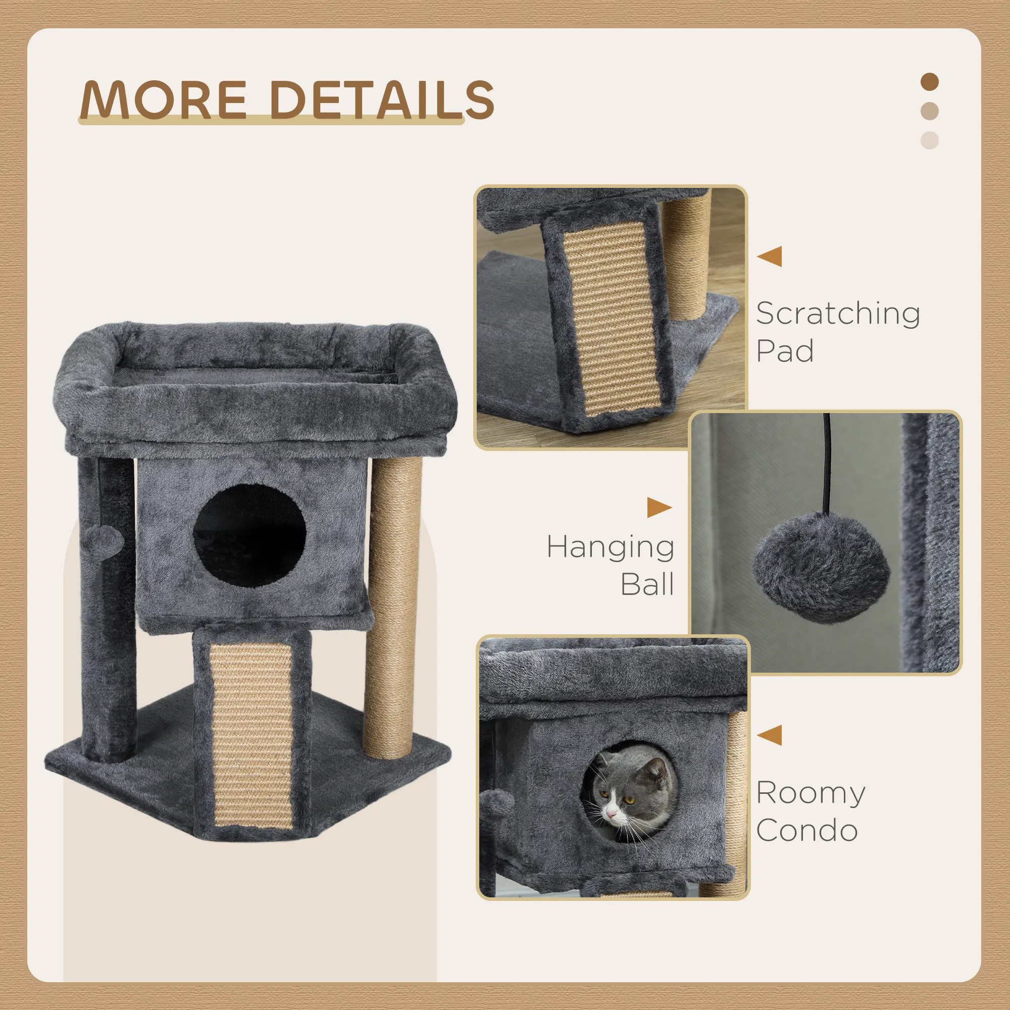 Cat Tree, Small Cat Tower with Perch, Scratching Post, Cat Condo, Toy Ball for Kitty, Indoor Use, Dark Grey - Image 4