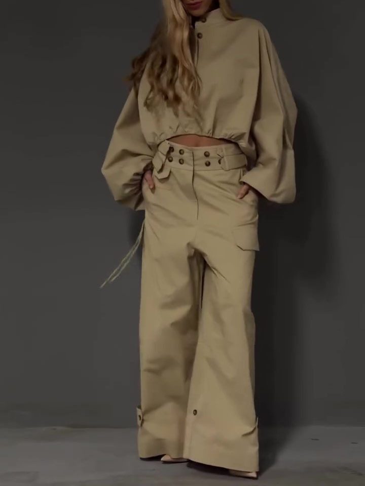 Khaki Stand Collar Puff Sleeve Crop Top & Double Button Wide Leg Cargo Pants Set - Image 6