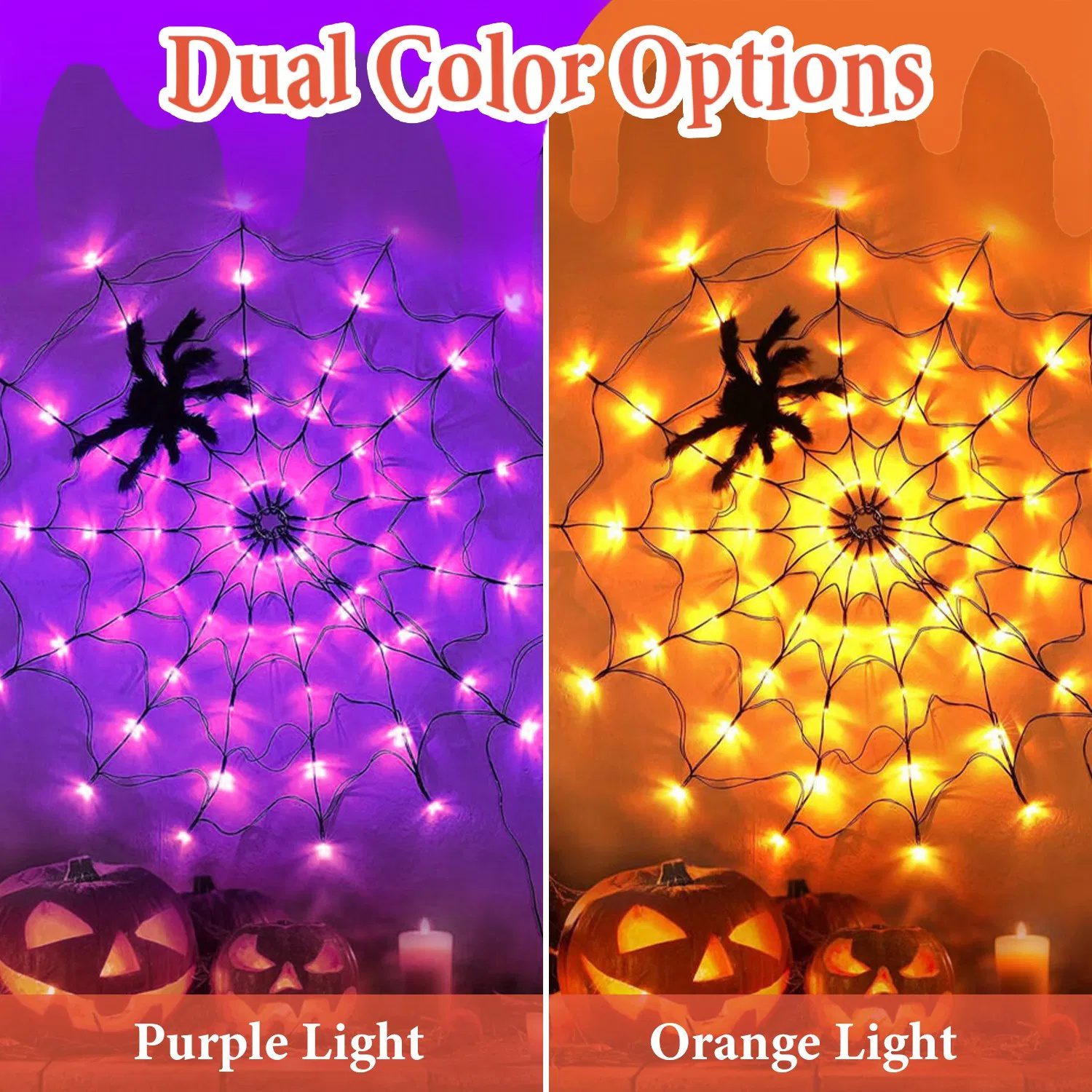 Halloween Spider Web Light - 3.28ft Diameter, 70 LEDs, 8 Modes, 10 Brightness Levels - Battery Powered, IP44 Waterproof with Remote & Timer - Orange/Purple Options - Image 5