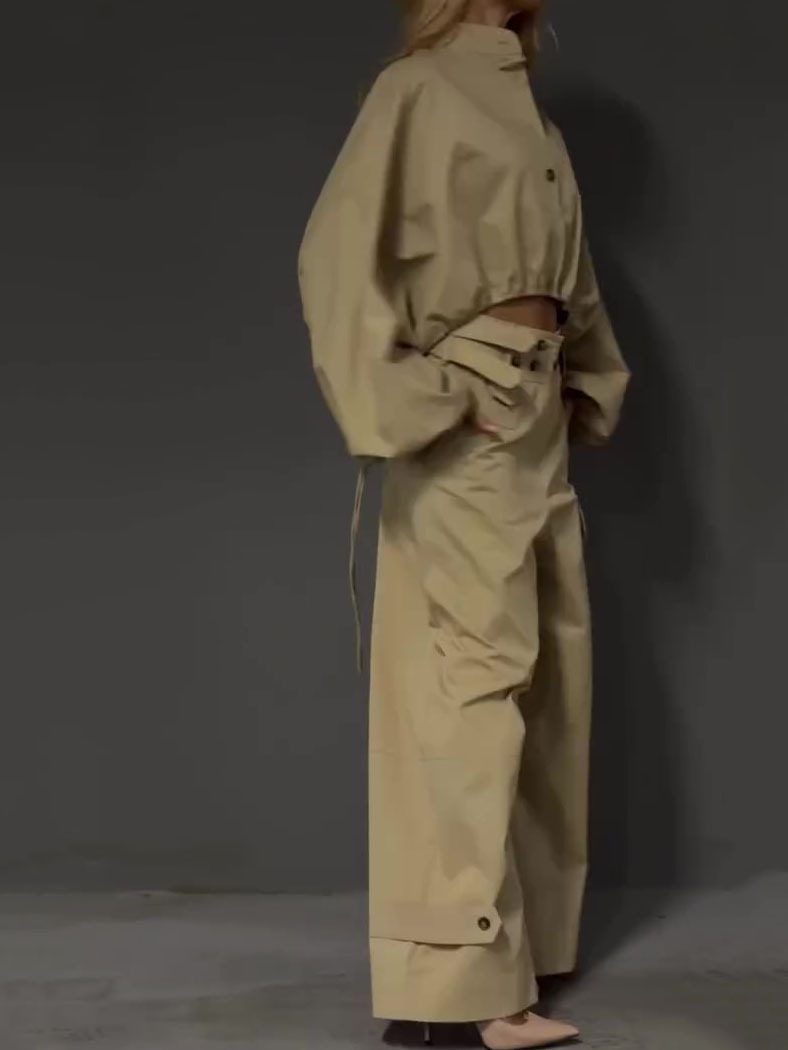 Khaki Stand Collar Puff Sleeve Crop Top & Double Button Wide Leg Cargo Pants Set - Image 4