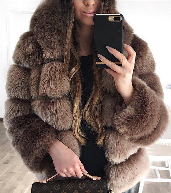 Women's Minimalist Hooded Patchwork Fur Grass Jacket - Image 8