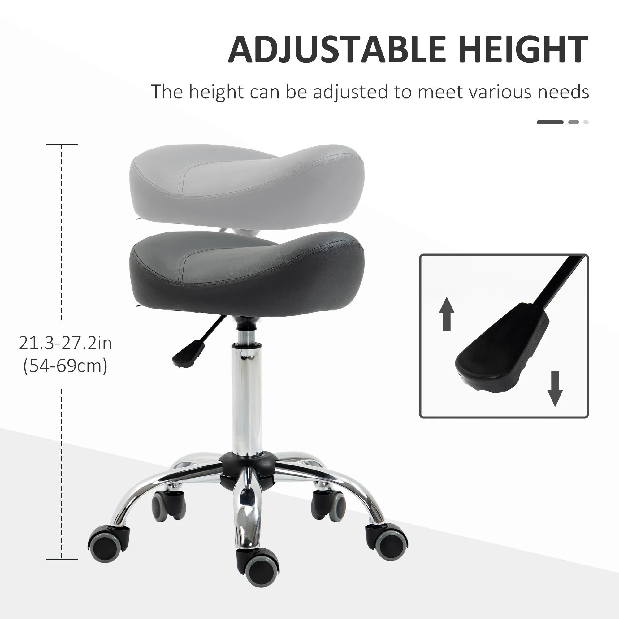 Saddle Stool, Height Adjustable Rolling Salon Chair with PU Leather for Massage, Spa, Clinic, Beauty and Tattoo, Grey - Image 3