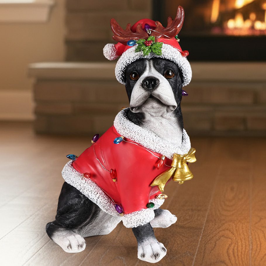Christmas Boston Terrier Statue, Holiday Dog Figurine in Santa Outfit - Image 2