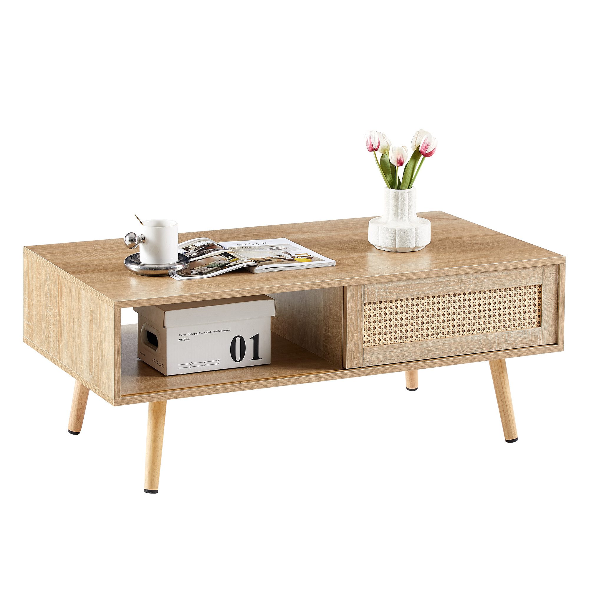 41.34inch Rattan Coffee Table Sliding Door Modern Table For Storage, Solid Wood Legs - Image 3